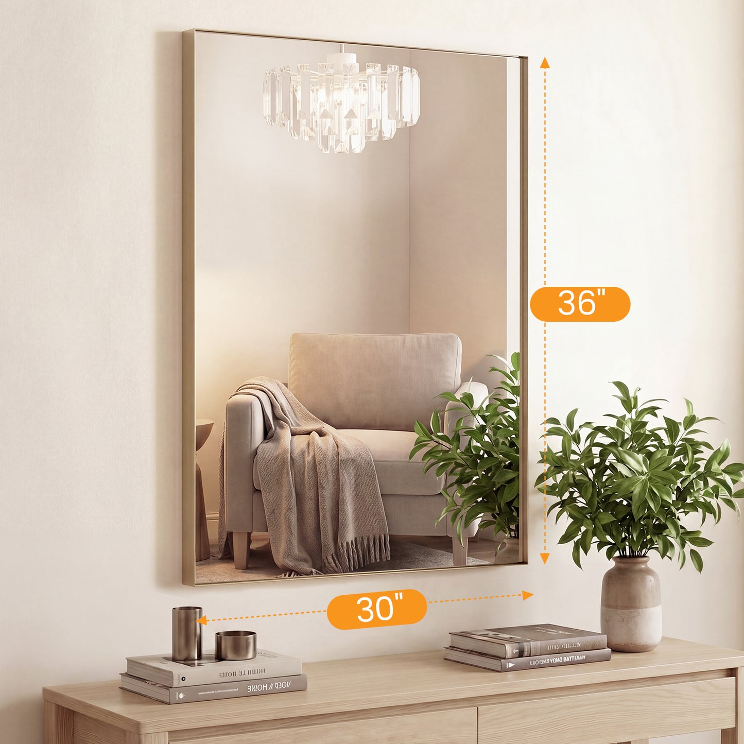 Bathroom Mirror, With Brushed Aluminum Frame, Rectangular Design, Square Corners At All Four Sides, Suitable For Wall Decoration In Home.