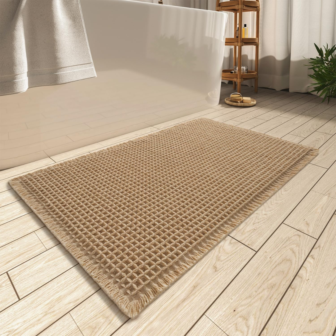 Waffle Bath Mat, Super Absorbent Non Slip Bath Mats For Bathroom Floor, Machine Washable Bathroom Rugs With Tassels, Rubber Backed Bathroom
