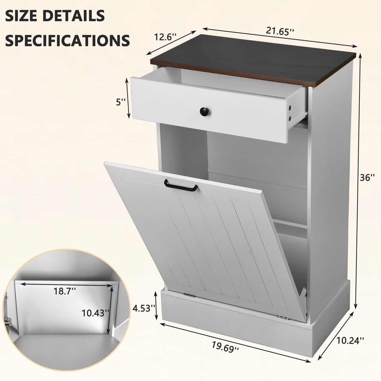 Tilt Out Trash Can Cabinet, Hidden Wooden Trash Can Cabinet With Drawer, Free Standing Garbage Cabinet For Kitchen, 10 Gallon Farmhouse Laundry Hamper Cabinet For Kitchen, Living Room  White