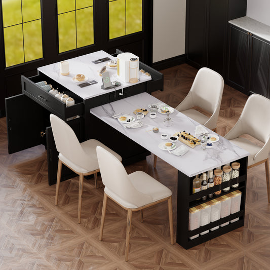K&K 82.7 Inch Kitchen Island With Extendable Dining Table For 4 6 Person,Faux Mable Kitchen Table With Double Sized Storage,Power Outlet,Kitchen Island With Storage 2 Drawers 2 Side Open Shelves,Black