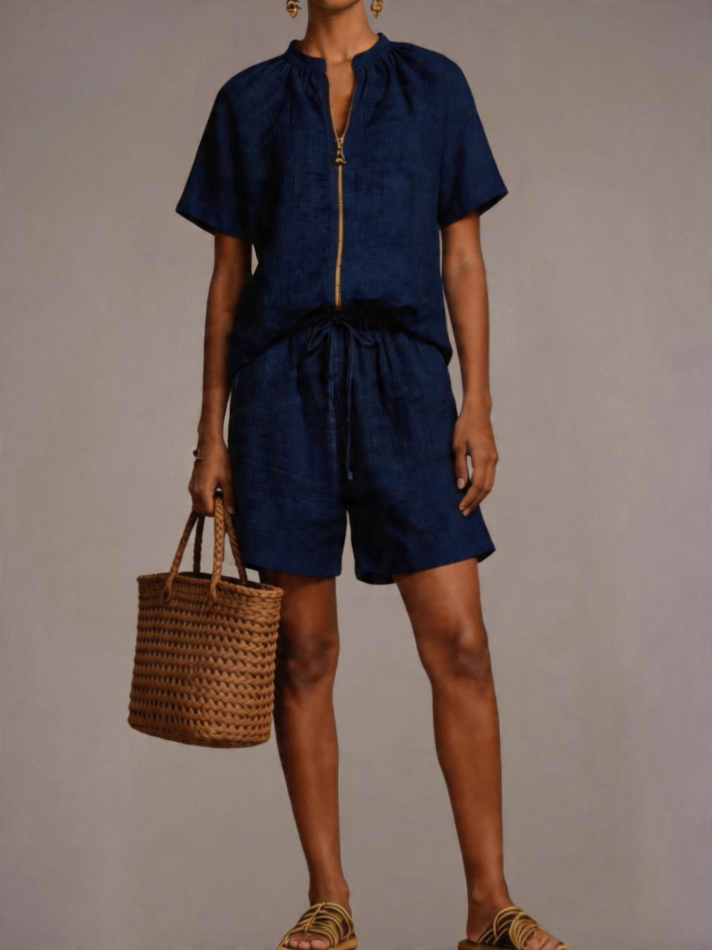 Summer New Solid-color Cotton-linen Short-sleeve Shorts Set
