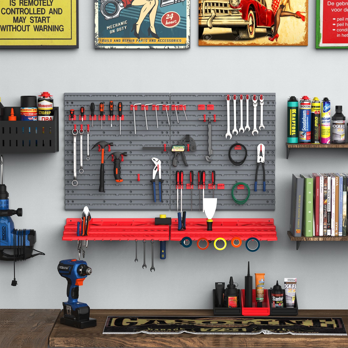 DURHAND 54 Pcs On-Wall Tool Equipment Holding Pegboard Home DIY Garage Organiser DIY W/ 50 Pegs 2 Shelves