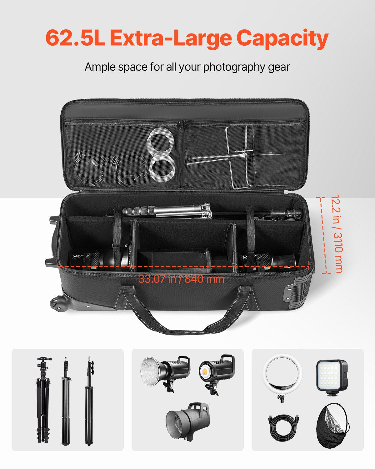 Studio Equipment Trolley Case 35.83 X 11.81 X 14 In Rolling Camera Carrying Bag