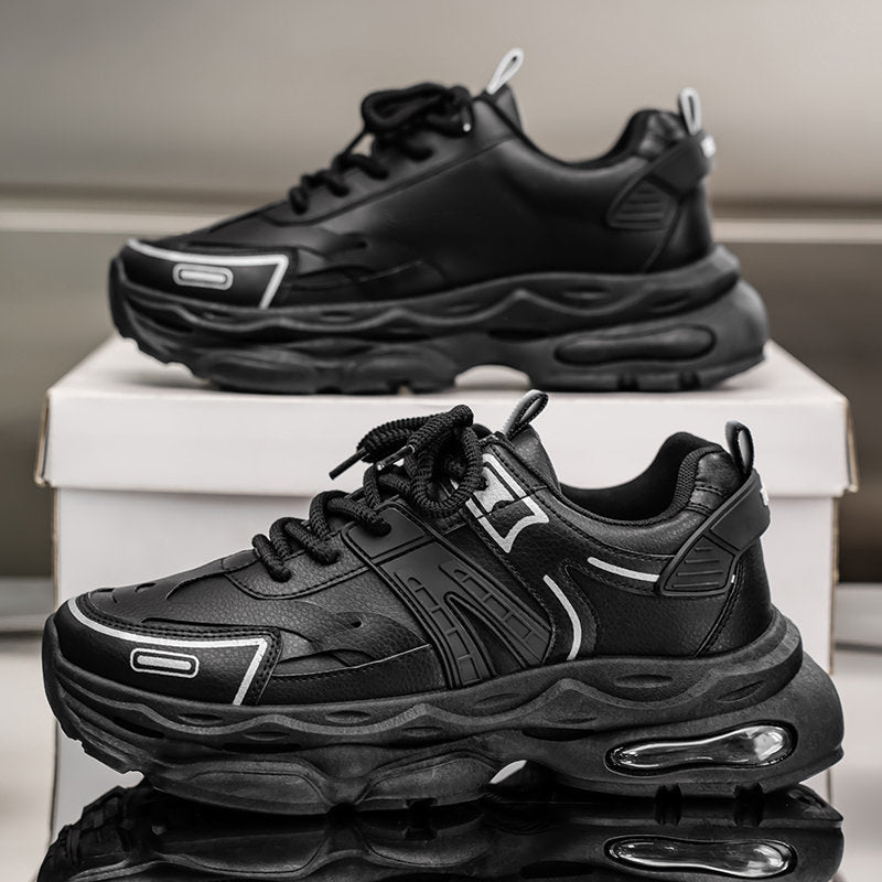 New Summer Men's Breathable Shoes, Trendy Versatile Thick Sole Height Boost Casual Athletic Sneakers, Black Trendy Dad Shoes For Men
