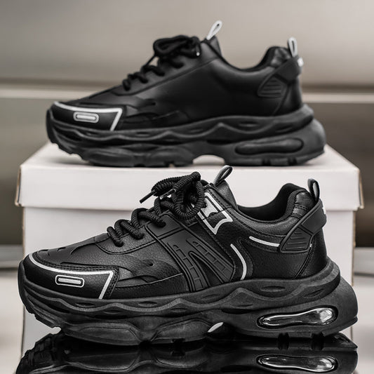 New Summer Men's Breathable Shoes, Trendy Versatile Thick Sole Height Boost Casual Athletic Sneakers, Black Trendy Dad Shoes For Men