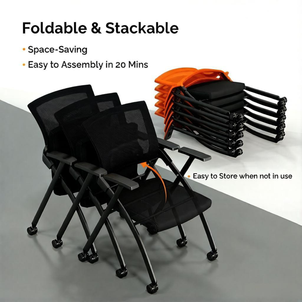 1 Pack Stackable Conference Room Chairs With Wheels,Folding Office Chair With Rebound Back,Padded Seat For Training Room,Guest,Reception,Event,Capacity 350lbs,Orange