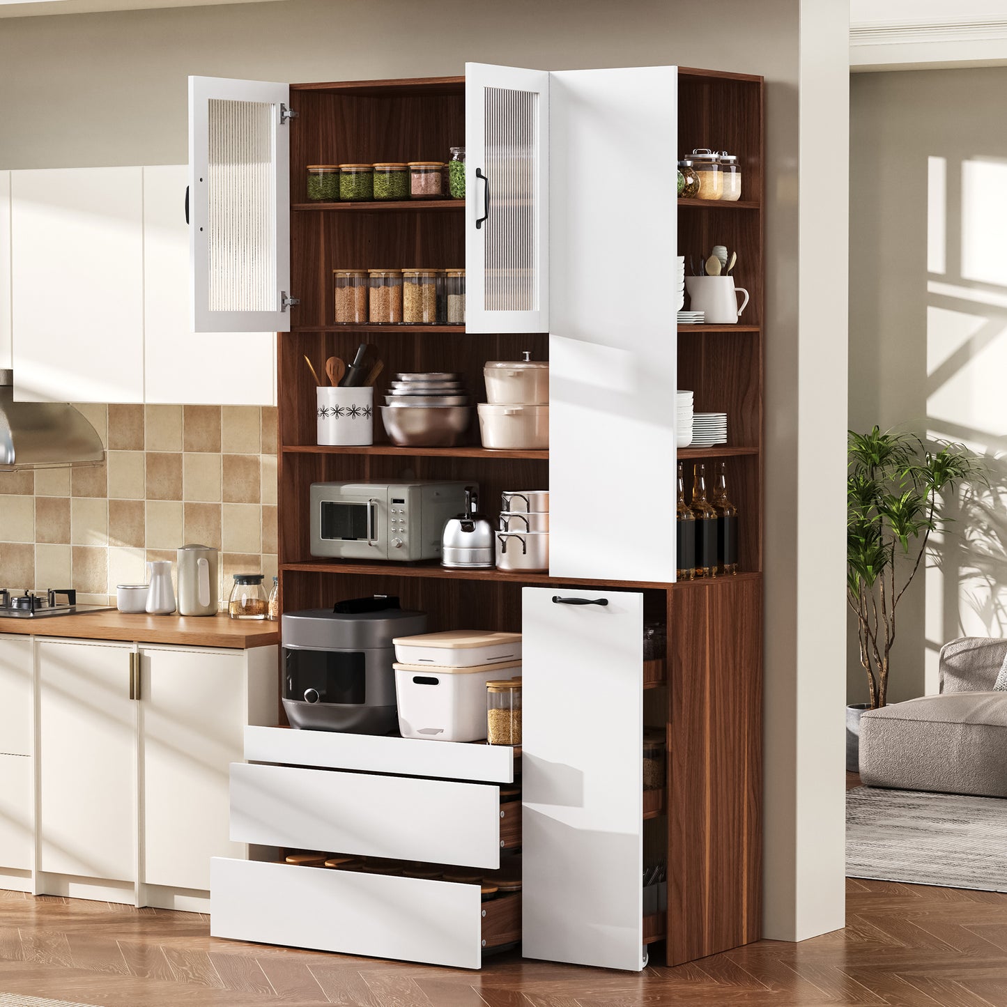 Highboard With Adjustable Shelves And Drawers, Buffet Cabinet With Pull-out Shelves And Checkered Glass, Ideal For Dining Room, Living Room And Kitchen  White Walnut