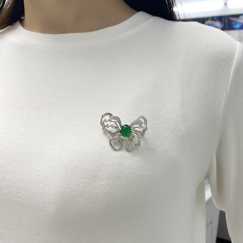 S925 Sterling Silver Butterfly Brooch, 8x10mm Green Chrysoprase Cabochon, Platinum Plated 6.7g, Elegant Women's Brooch Pin With Gift Box