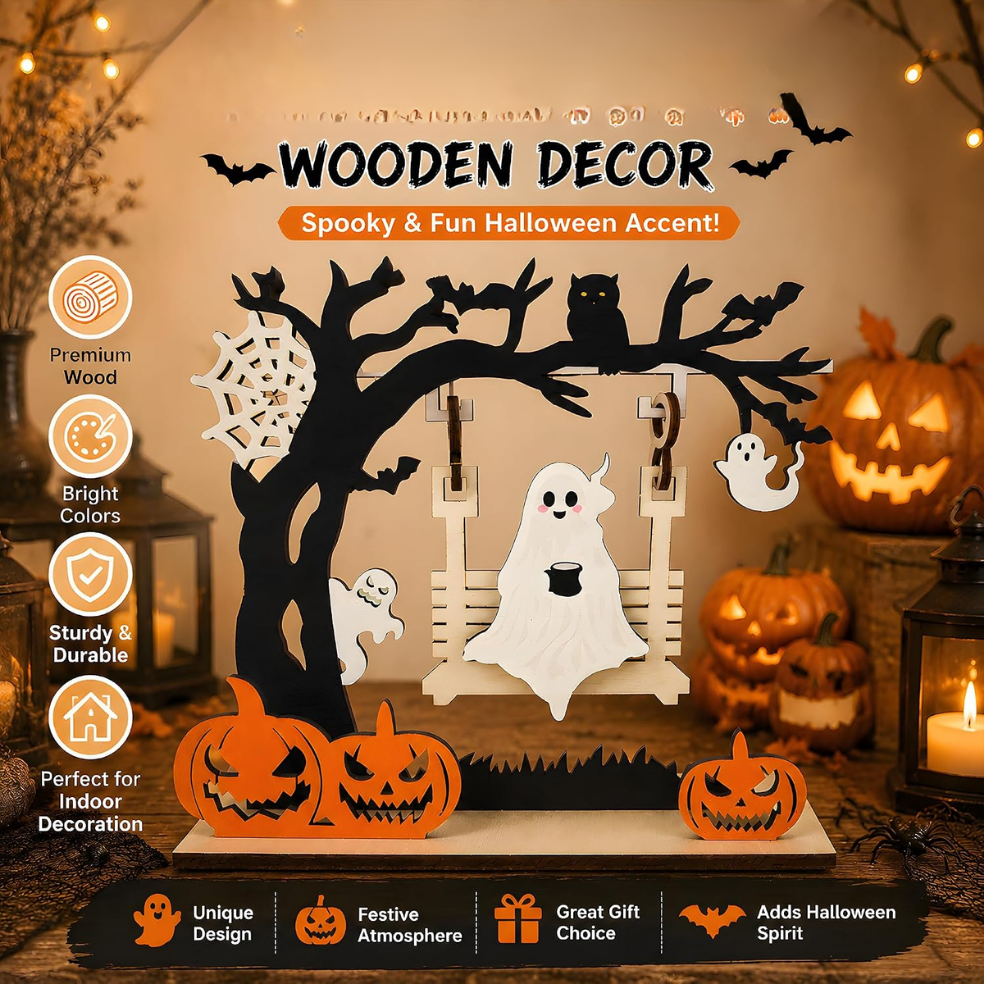 Halloween Ghost Pumpkin Wooden Table Decor Cute Halloween Centerpiece For Home Party Decoration