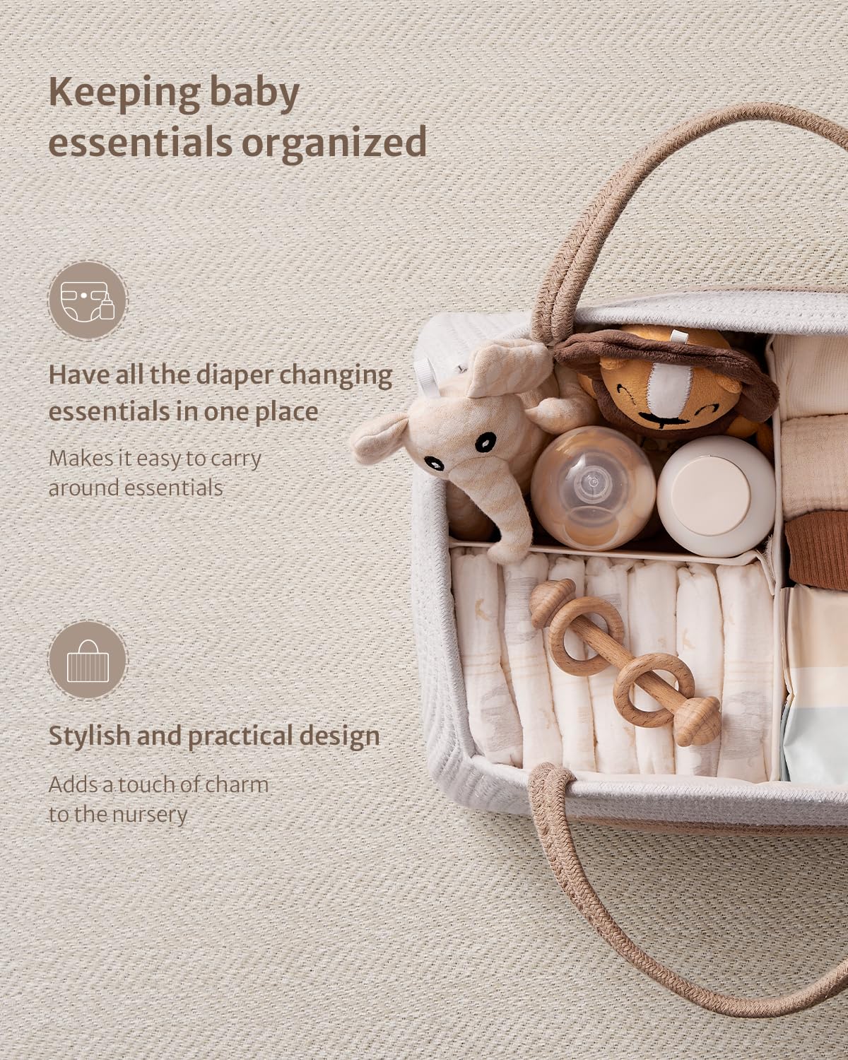 Baby Diaper Caddy Organizer, Cotton Rope Diaper Caddy Basket, Large Storage Basket 37x27x22cm For Newborn Boys And Girls, Gift For Baby Shower List, Newborn Essentials, Earthy Rainbow