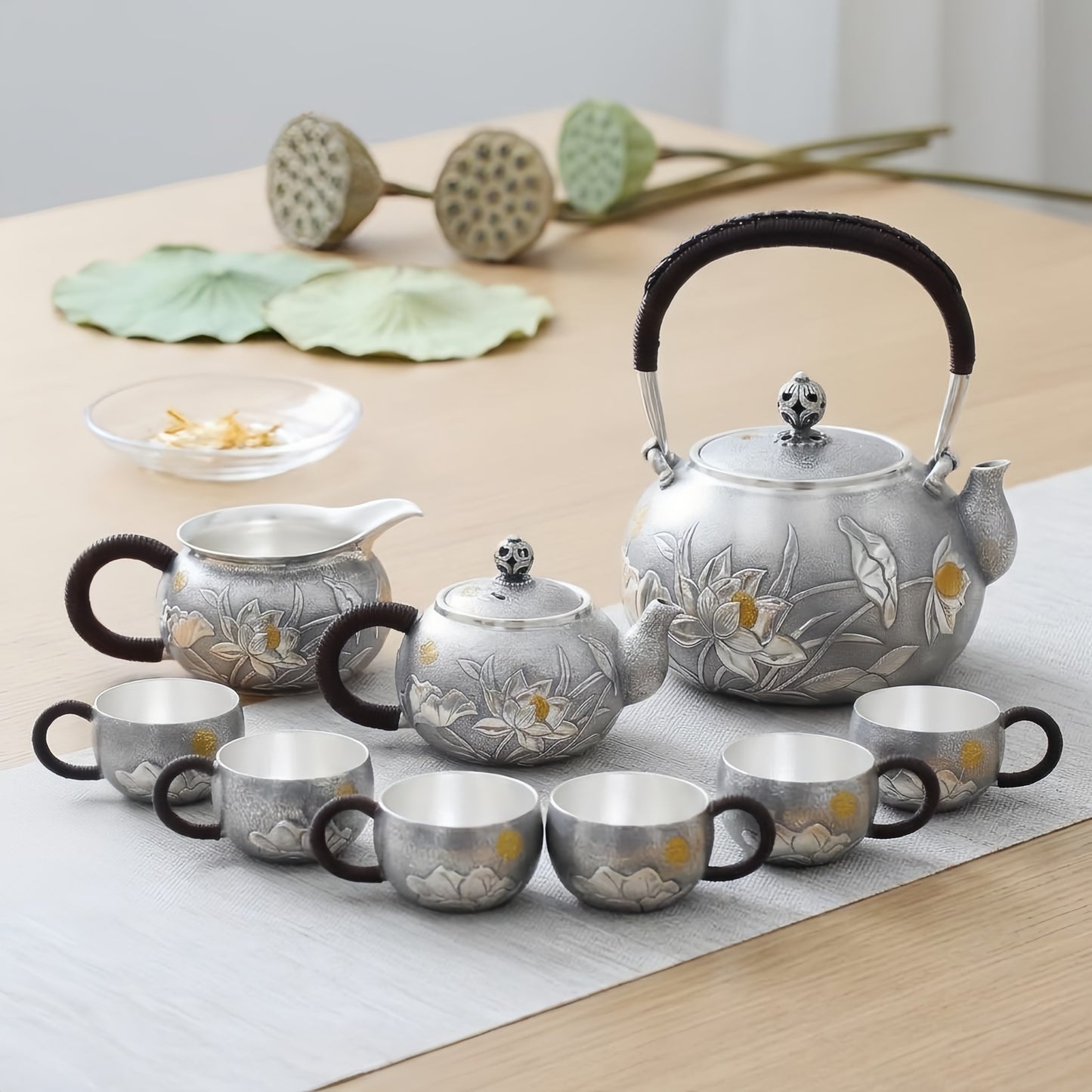 925 Sterling Silver Elegant Lotus Blossom Motif Metal Tea Service Featuring Kettle Teapot and Matching Teacups - Handicraft
