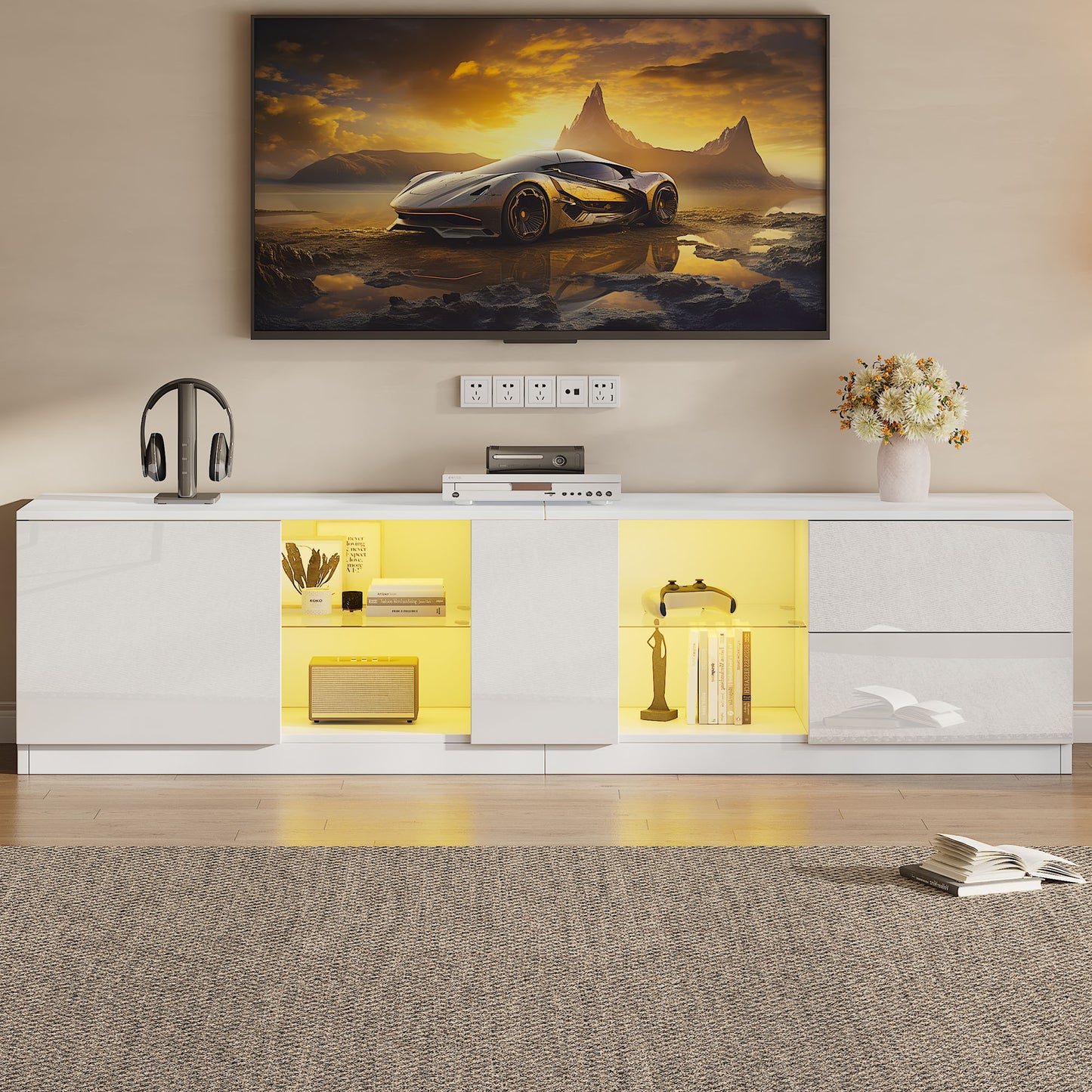 160 X 40 X 52 Cm TV Stand, High-gloss Chest Of Drawers, Sideboards With LED Lighting, Lowboards Suitable For 65in TVs, Suitable For Living Room And Bedroom