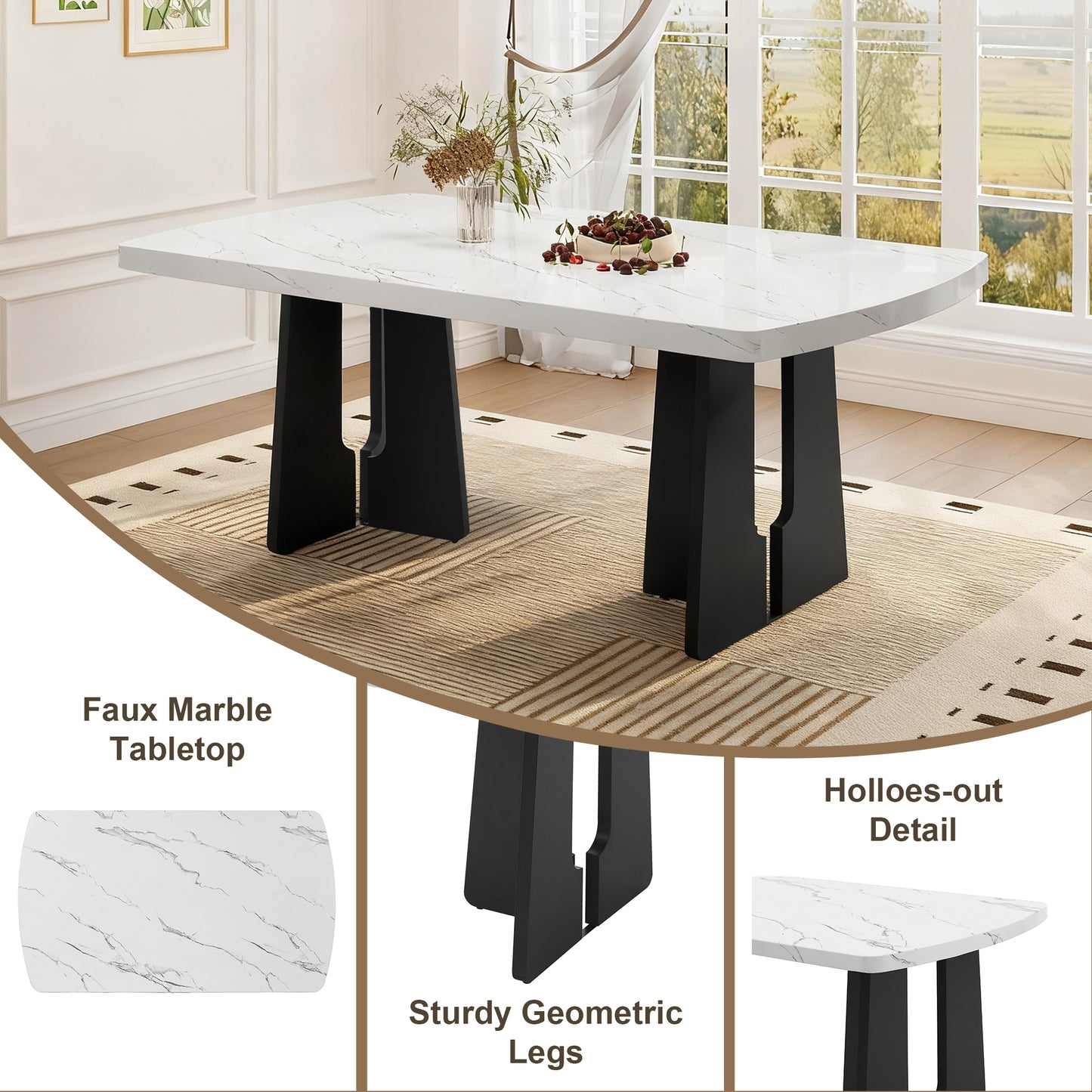 63  Modern Faux Marble Dining Table - Black White Marble Top With Sturdy Geometric Legs, Stylish Kitchen & Dining Room Table For Home, Apartment, Office, Easy To Assemble, White Black