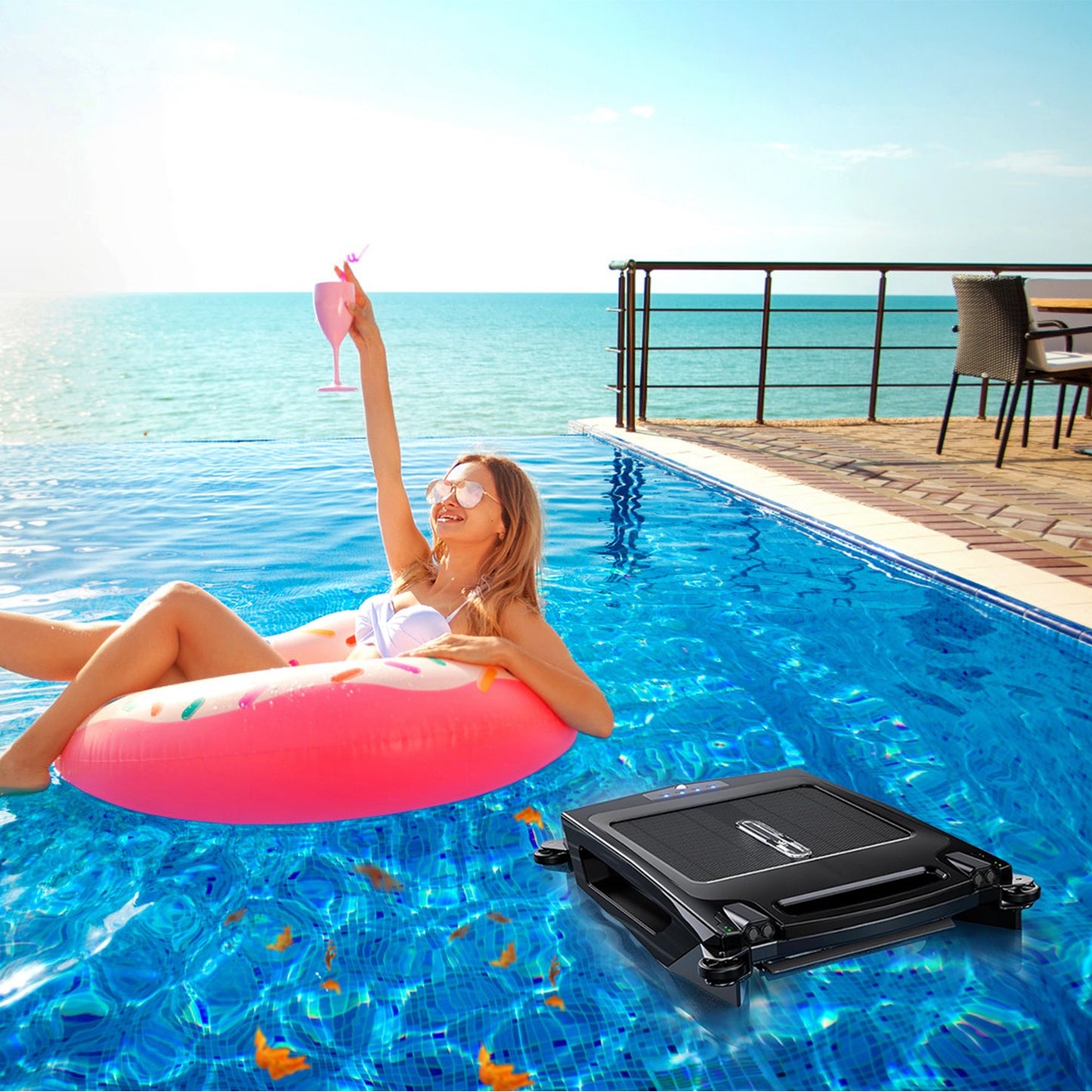 1Pc Solar Powered Robotic Pool Skimmer Automatic Swimming Pool Surface Cleaner With 2 Cleaning Modes Dual Charging Methods IPX7 Waterproof 1937sq.ft Coverage APP Control