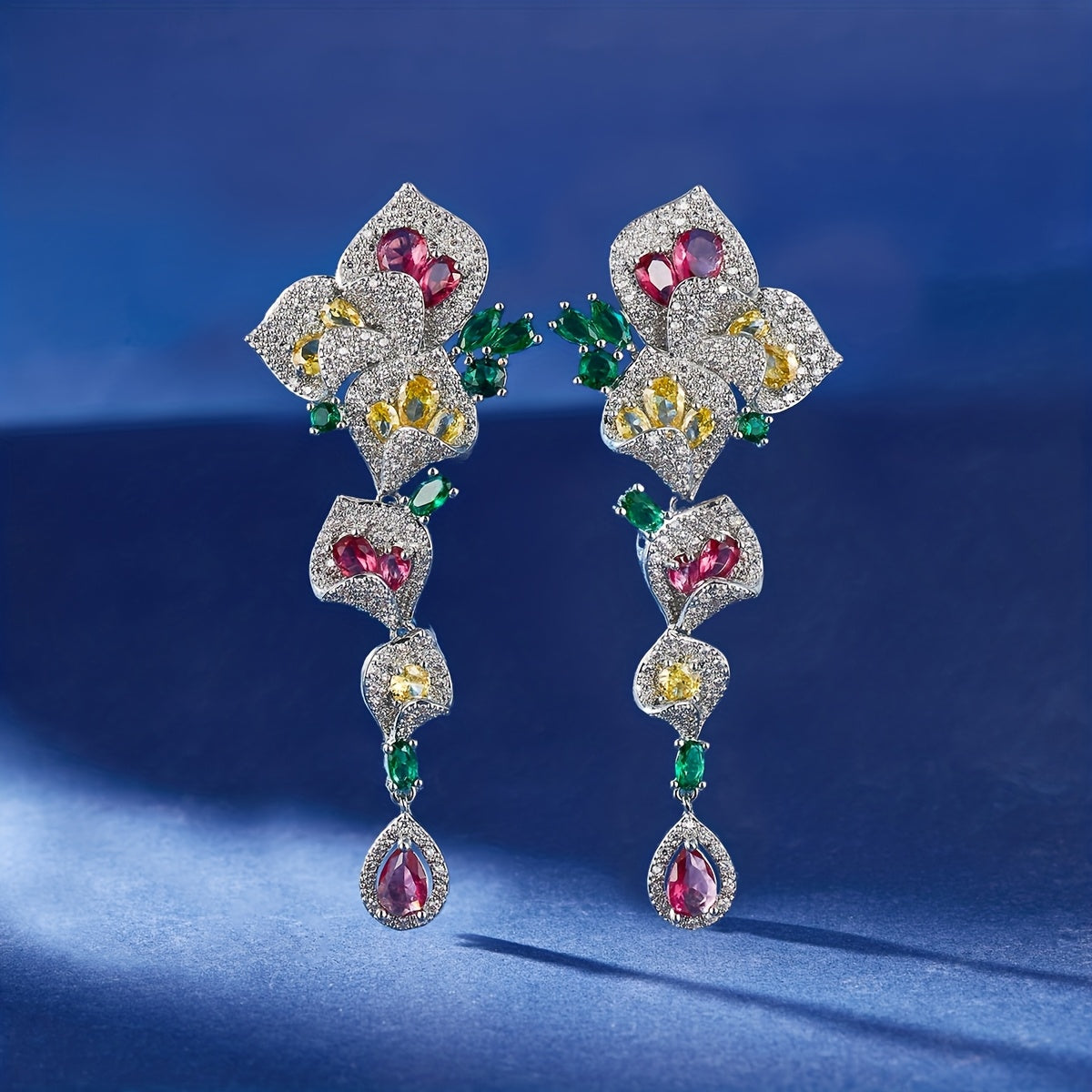 1 Pair Gorgeous Long Dangle Flower Earrings, Cubic Zirconia Earrings For Women, Fashion Party Prom Dress Jewelry, Birthday Holiday Gift