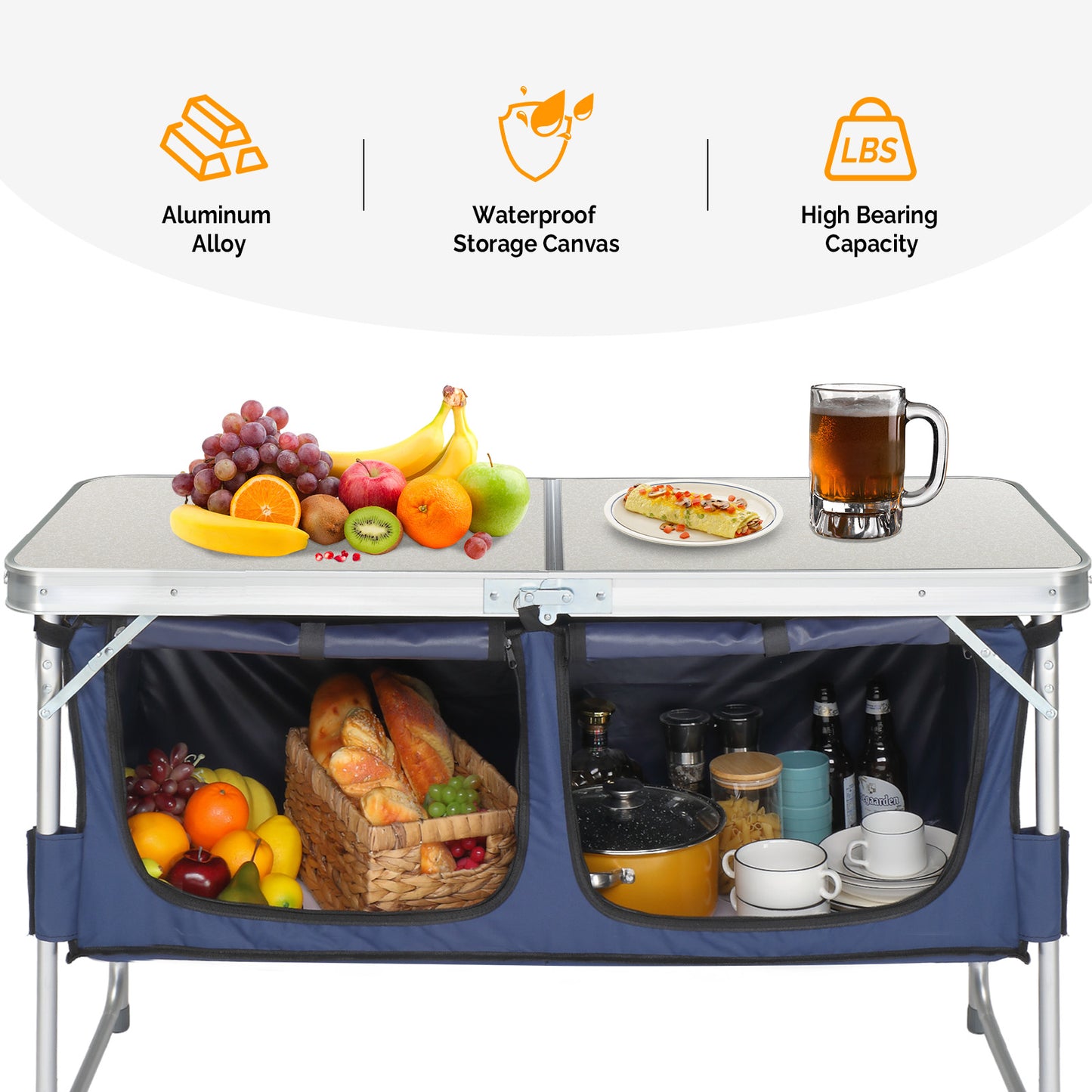 4ft Aluminum Folding Camping Table With 2 Large Storage Compartments, Portable Outdoor Picnic BBQ Buffet Serving Table
