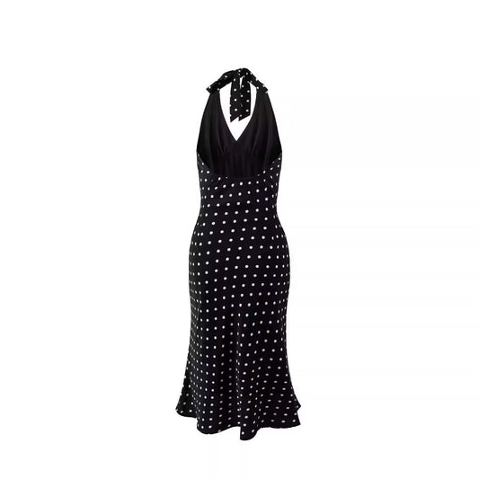Womens Fashion Halterneck Polka-Dot Print V-Neck Dress