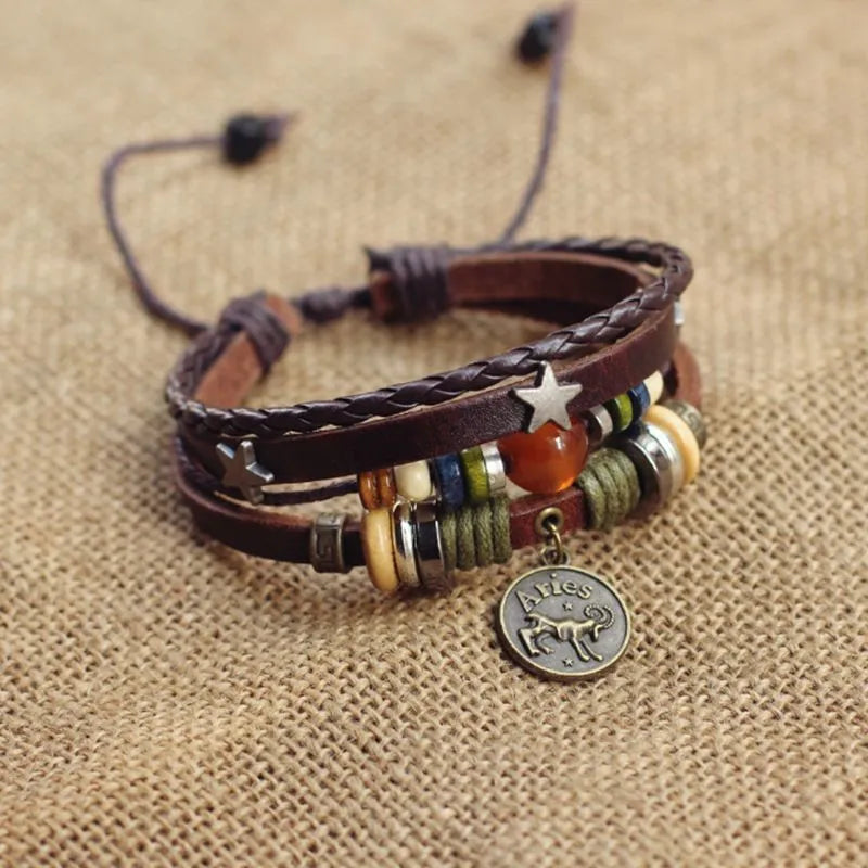 1pcs Multi-Layer Braided Leather Wooden Bead Star Zodiac Charm Adjustable Bracelet, Retro Boho Ethnic Style, For Men Women Daily Campus Travel & Constellation Holiday Gifts