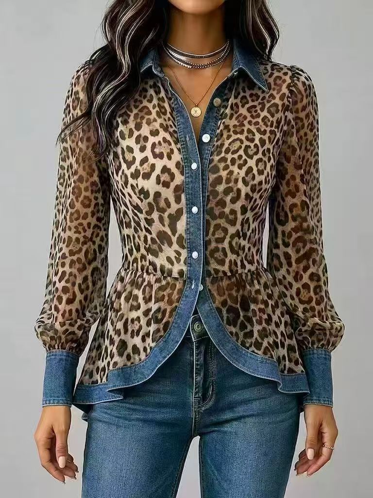 New Womens Leopard-Print Patchwork Denim Long-Sleeve Shirt