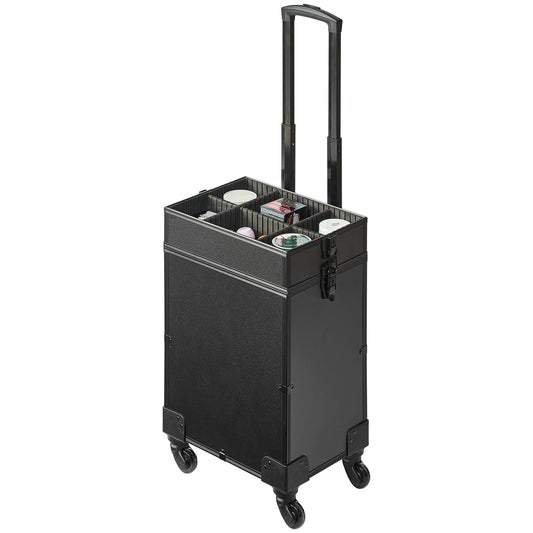 5 In 1 Professional Makeup Train Case Aluminum Cosmetic Case, Rolling Makeup Case Extra Large Trolley Makeup Travel Organizer, With 360° Swivel Wheels & Adjustable Pull Rod, Black