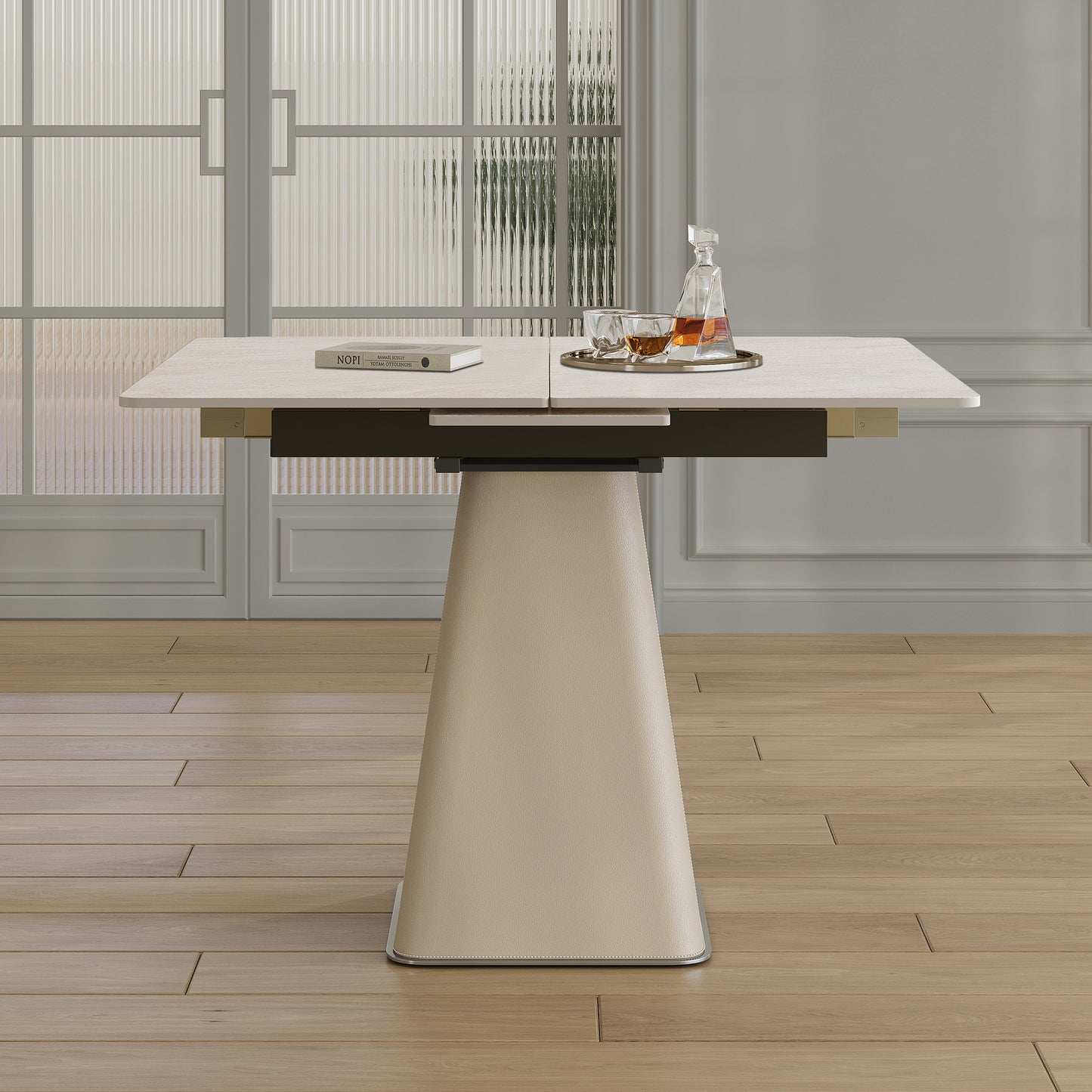 Retractable Rock Slab Folding Dining Table  Modern Square Expandable Table With Leather-Wrapped Stainless Steel Base  Dual-Purpose Space Saving Kitchen Table For Small Apartments
