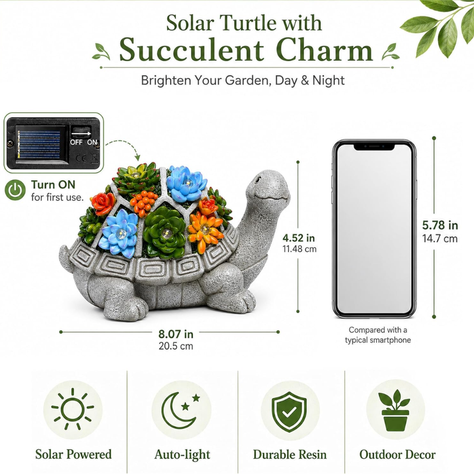 Solar Garden Outdoor Turtle Statue Succulent 7 LED Lights Lawn Decor Patio Yard Ornament Gift Mom Grandma