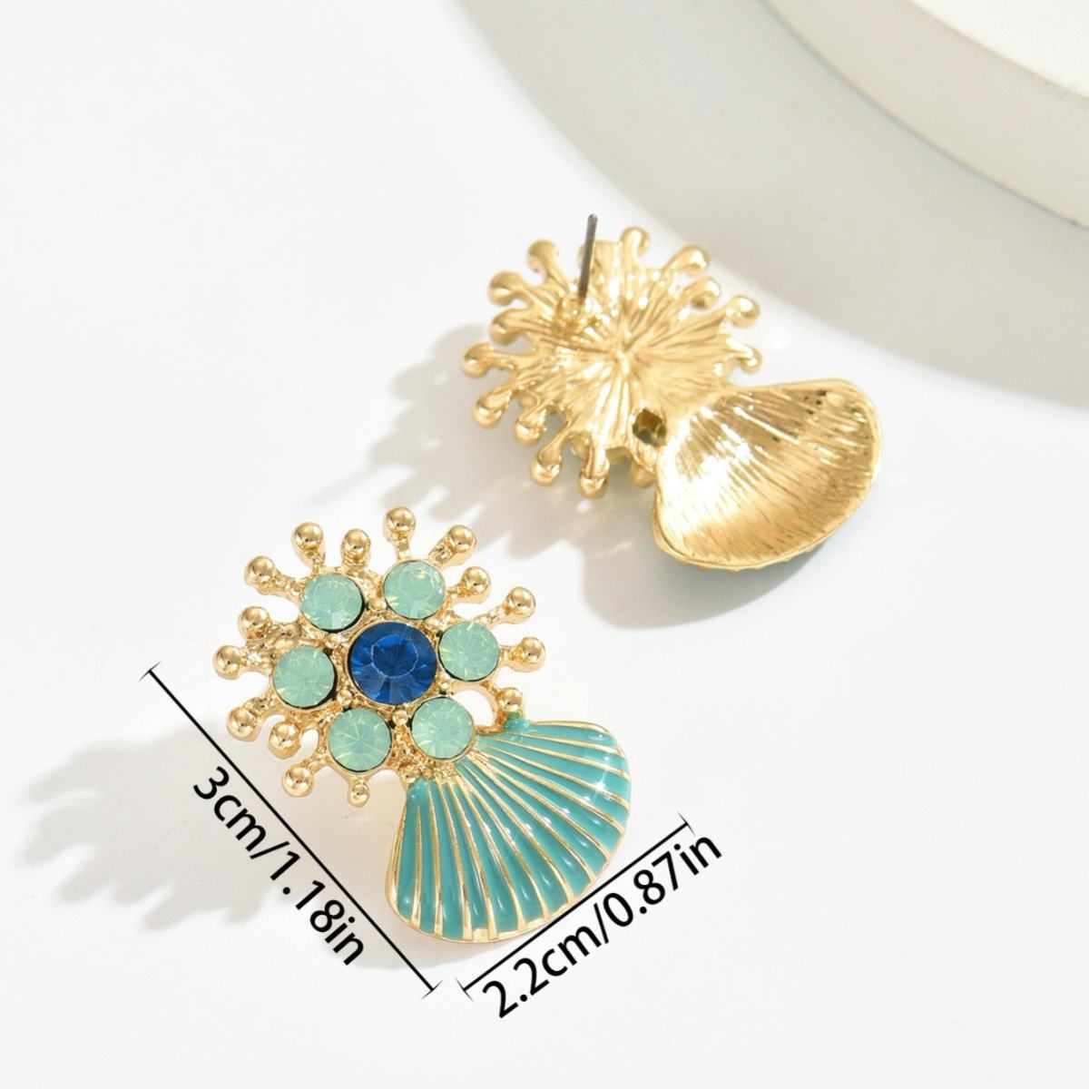 Cross-border Fashion European American Ocean Style Women Earrings, Geometric Shell Oil Drip Stud Earrings Inlaid Cubic Zirconia, Versatile Daily Ear Accessories
