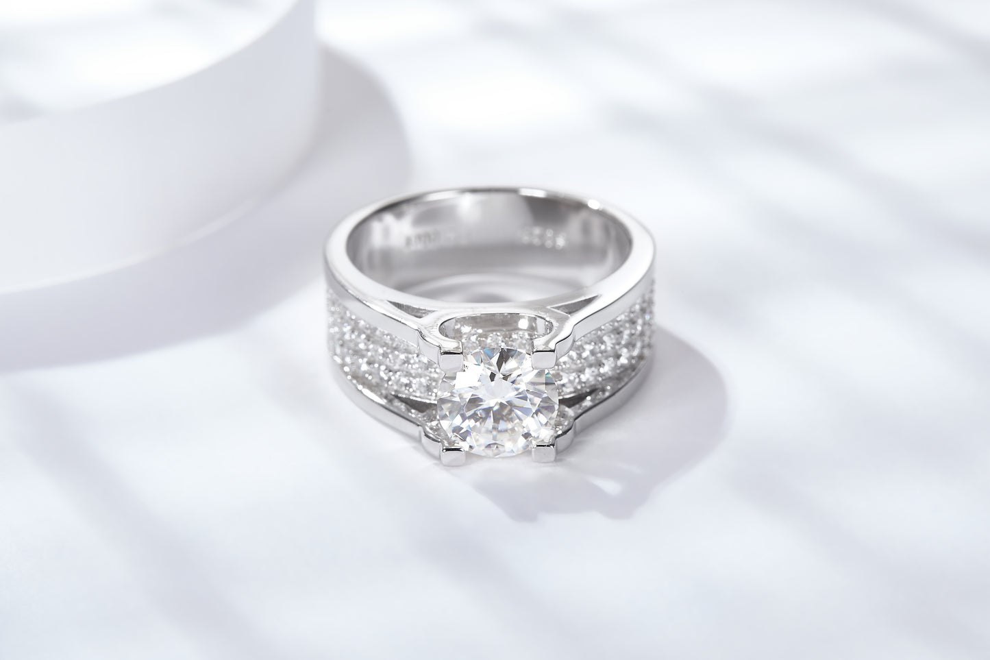 S925 Sterling Silver Wide Band Moissanite Ring, 1&2ct D-VVS1 Split Shank Pave Design, Platinum Plated US Sizes 5-9, GRA Certified Gift Box