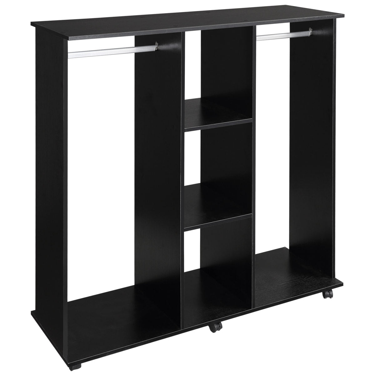 Open Wardrobe Double Mobile Storage Shelves Organizer W/6 Wheels-Black