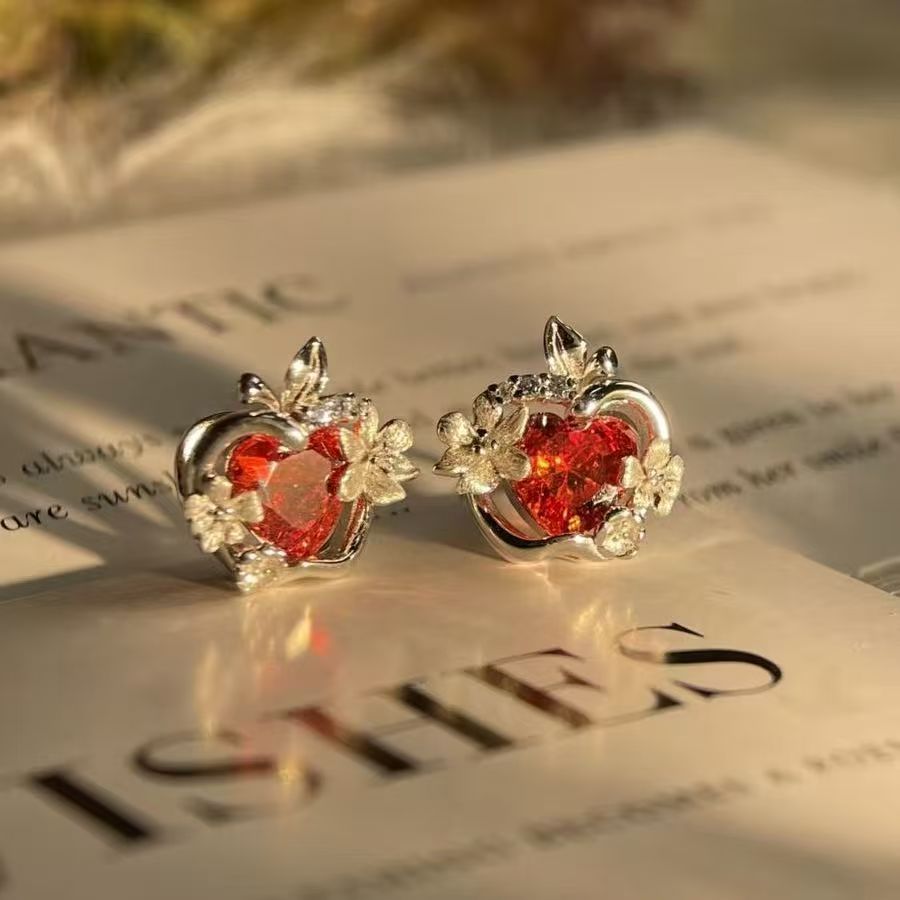 Love And Deepspace Xia Yizhou Ruby Red Zircon Begonia Flower Stud Earrings, Sweet High Appearance Game Peripheral Jewelry, Ideal Gift For Fans & Girlfriend