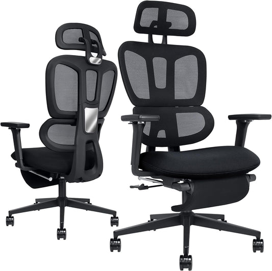 Ergonomic Office Chair With Footrest, High-back Computer Chair With Dynamic Lumbar Support, 2D Headrest & 4D Armrests, Sponge Cushion & Mesh Back, Home Office Chair For Adults, Black.