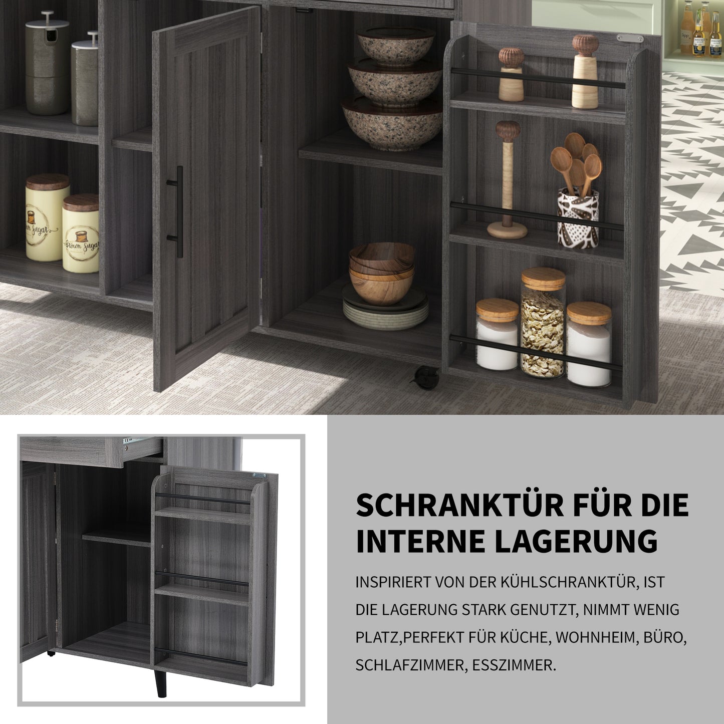 129x46 X91.5 Cm Dining Cart Dining Sideboard, White Marble Countertop And Khaki Gray Wood Grain Cabinet Extendable Countertop Storage Door Design Wheels Solid Wood Legs Switchable Ideal For Home