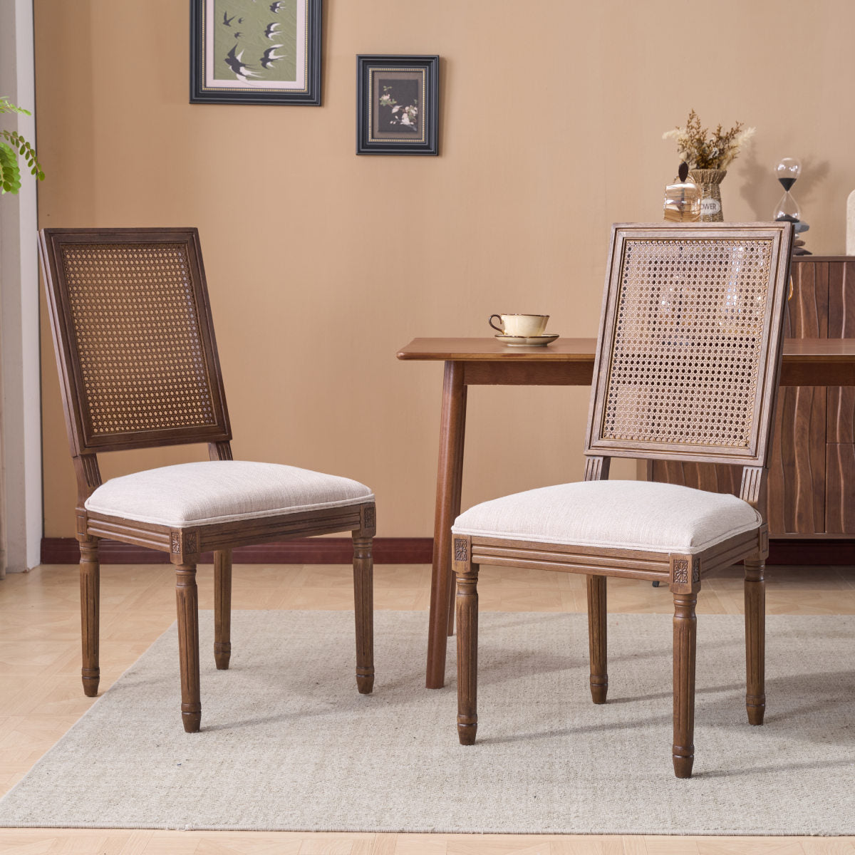 [Set of 2] French Country Dining Chairs - Elegant Cane Backrest & Upholstered Seats with Fluted Legs - Rustic Weathered Finish - Solid Rubberwood Frame - Vintage Inspired Kitchen & Dining Room Chairs