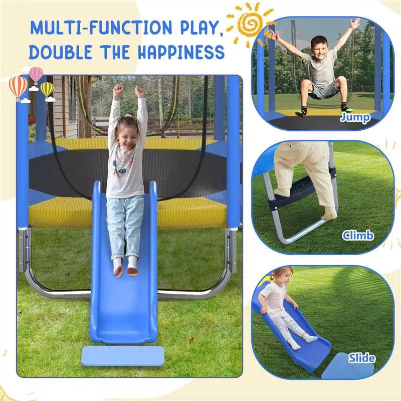 7FT Trampoline For Kids With Safety Enclosure Net, Slide And Ladder, Easy Assembly ,Regular Hexagon Outdoor Recreational Trampoline, Blue