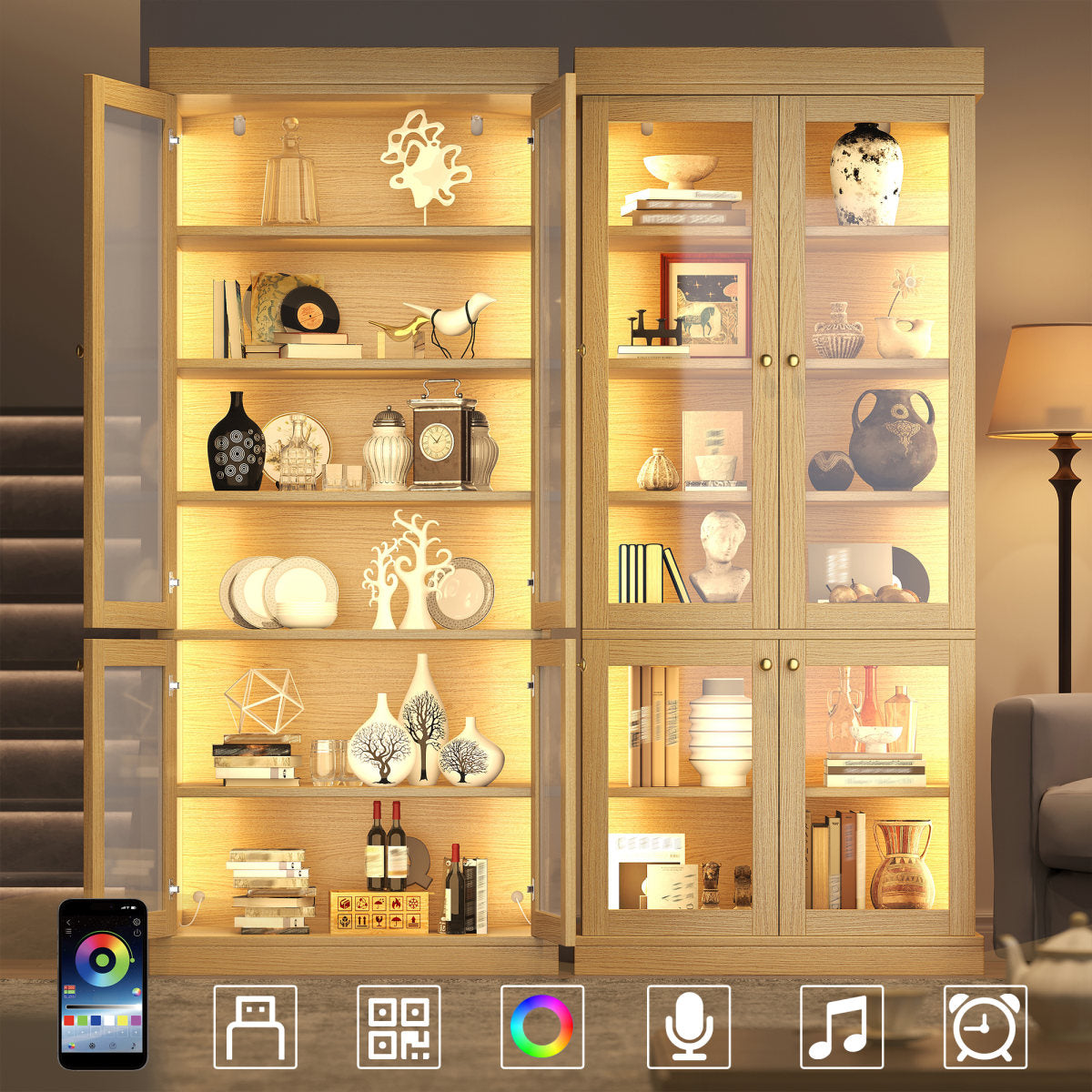 Modern Freestanding Cabinet With Integrated LED Mood Lighting, Glass Display Case, Well-designed Interior Layout And Anti-tip Protection Stable, Safe And Versatile For The Home Natural Brown.