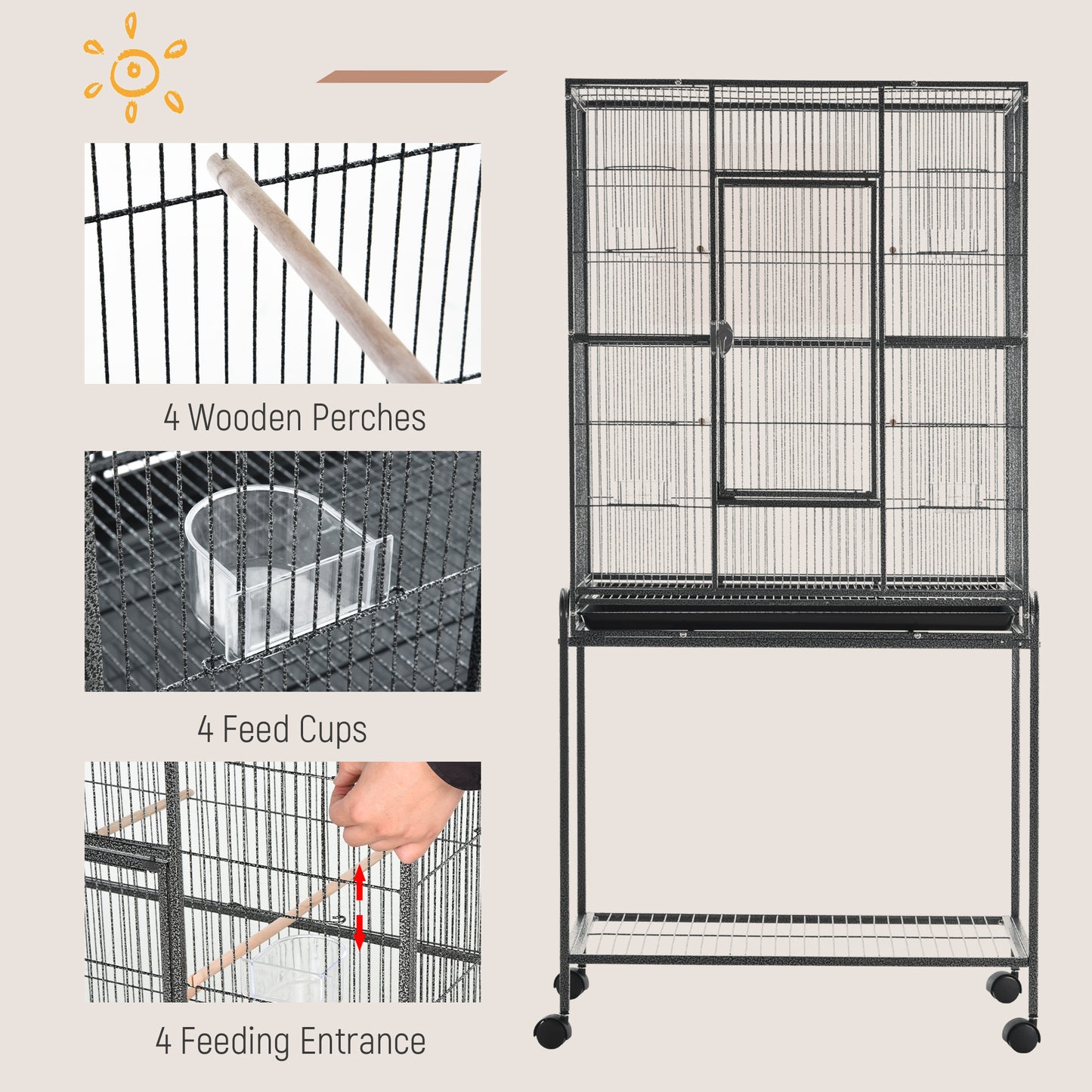 30" Rolling Metal Bird Cage Feeder with Detachable Rolling Stand, Storage Shelf, Wood Perch & Food Container