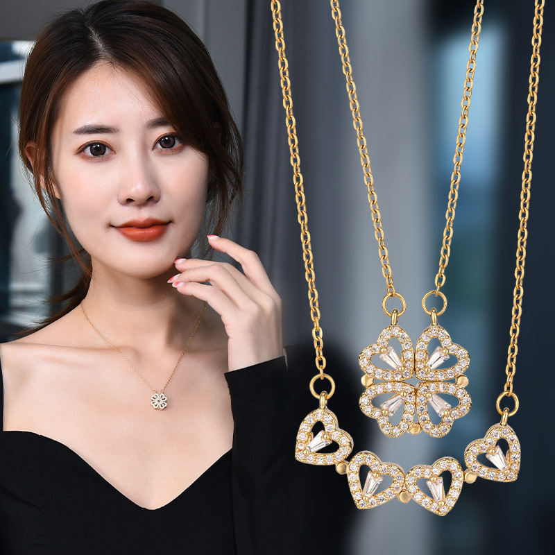 Sujue 2 In 1 Convertible Clover Heart Necklace For Women, Magnetic Foldable Four Leaf Clover Pendant, Creative Heart Collarbone Chain, Fashion Lucky Jewelry Gift