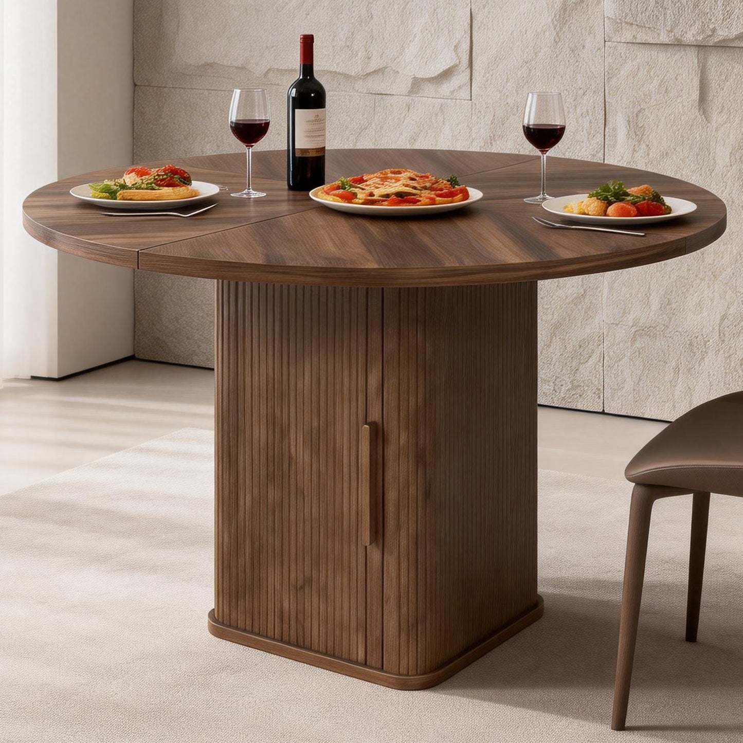 47in Dining Table Exquisite Round Table With 2 Storage Shelf Wood Slide Door And Wooden Base For Dining Room Home Kitchen Canteen