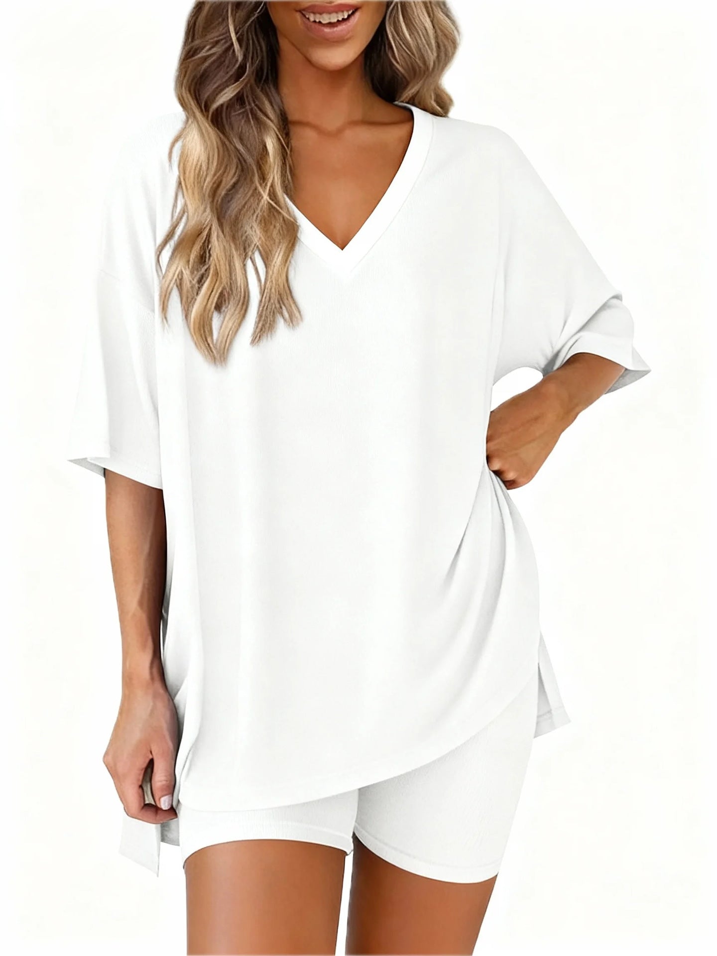 Comfortable And Stylish Womens Casual V-neck Loose-fit T-shirt And Elastic-waist Shorts Set For Home Wear