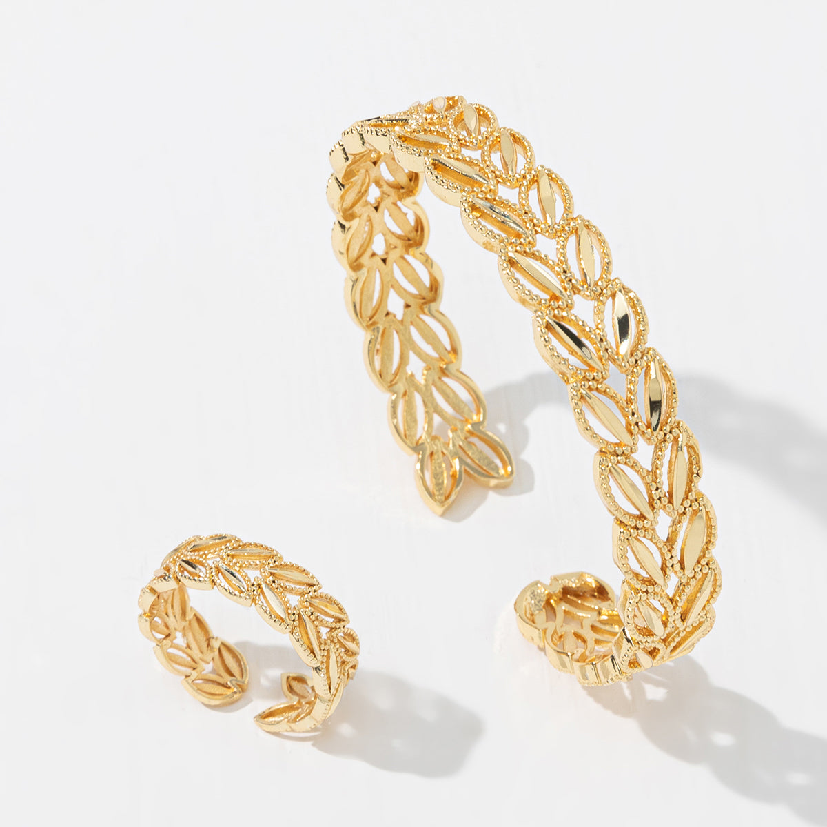 2Pcs Fashion 18k Gold Plated Wheat Ear Leaves Opening Bracelet Ring Set Suitable For Women's Daily Wear Holiday Jewelry Gifts
