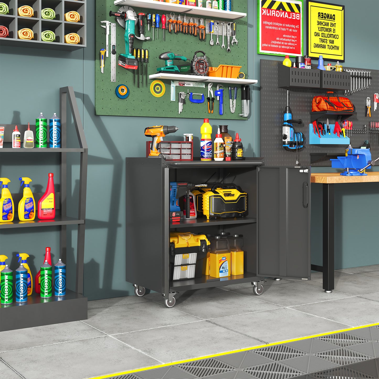 Heavy-Duty Metal Garage Storage Cabinet With Wheels - Sturdy And Durable Tool Storage Cabinet For Garage, Office, And Home Organizer Solutions