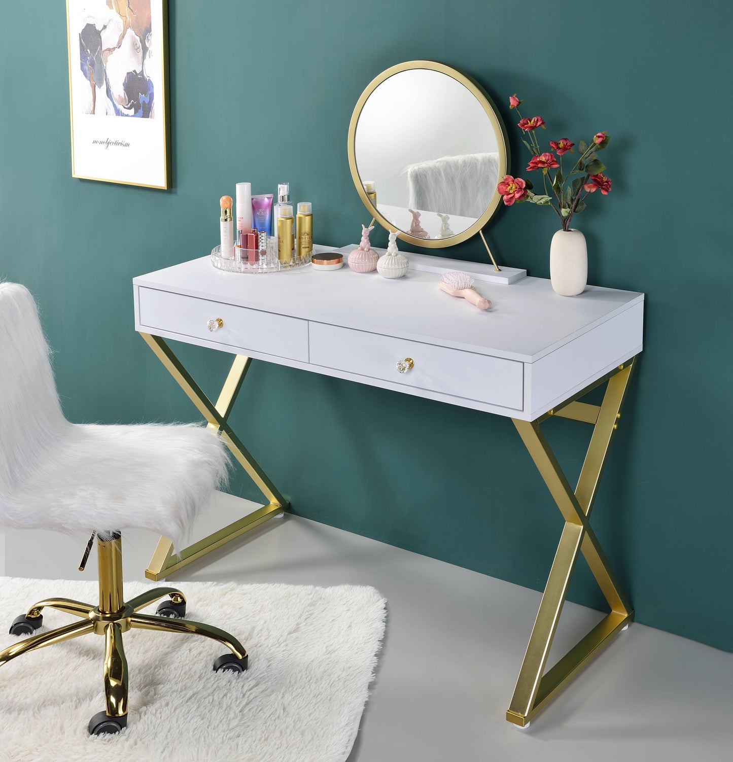 Coleen White & Gold Finish Vanity Desk W Mirror & Jewelry Tray