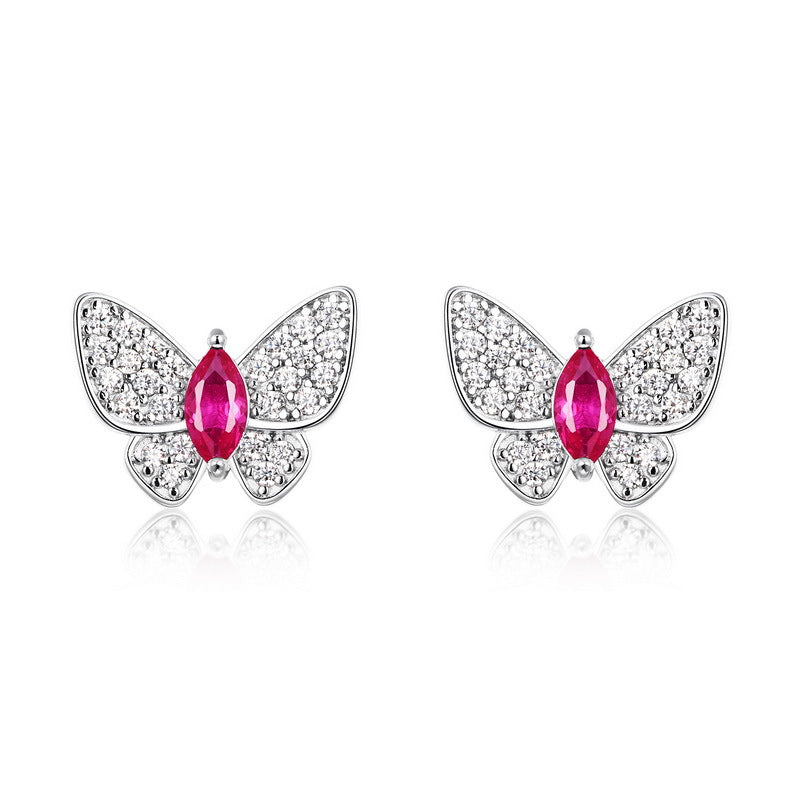 S925 Sterling Silver Butterfly Stud Earrings, 5x2.5mm Marquise Lab-Grown Ruby Sapphire Emerald, Platinum Plated 1.7g Fine Jewelry Gift Box
