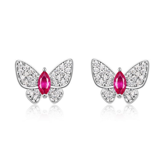 S925 Sterling Silver Butterfly Stud Earrings, 5x2.5mm Marquise Lab-Grown Ruby Sapphire Emerald, Platinum Plated 1.7g Fine Jewelry Gift Box
