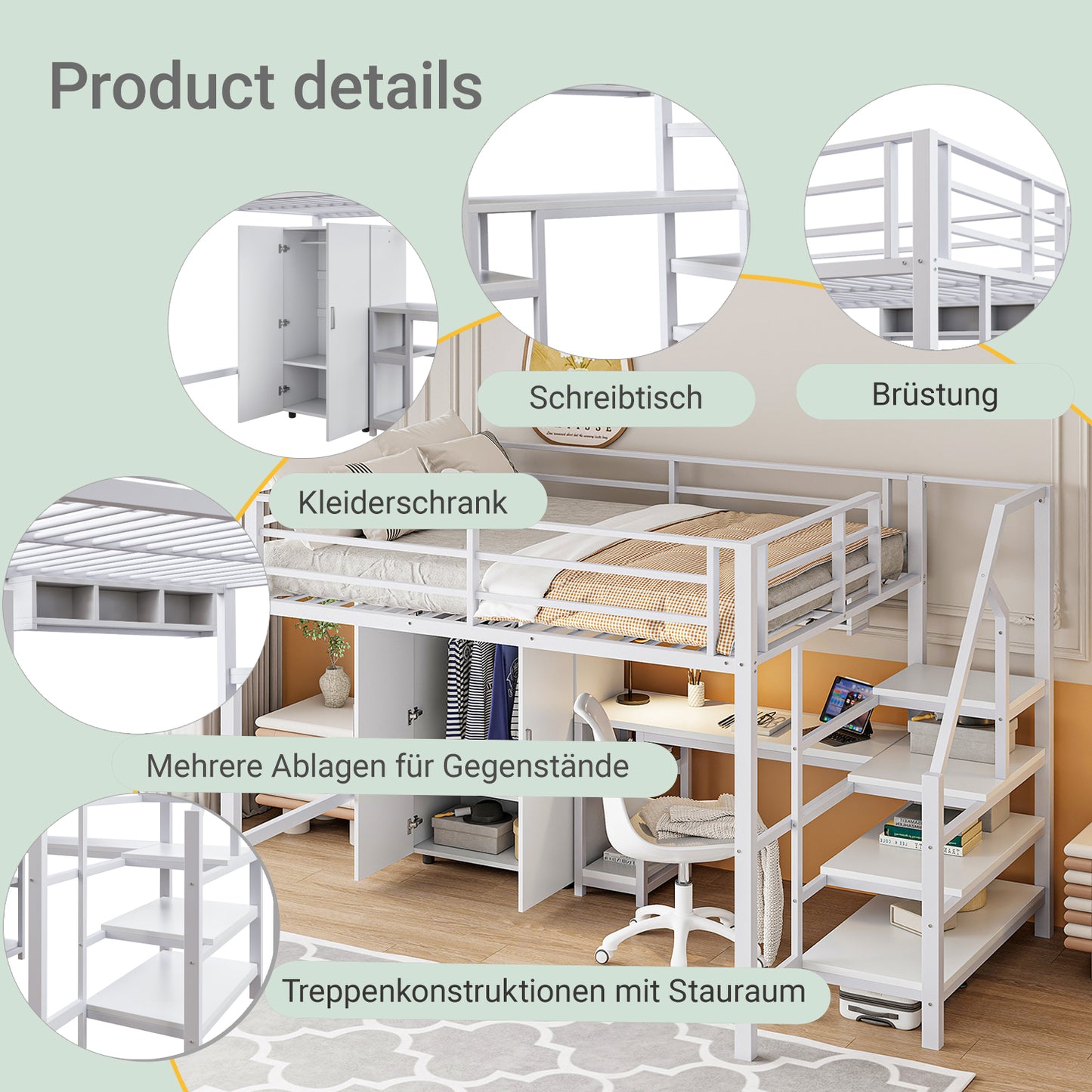 Loft Bed, 140x200cm, Wardrobe, Shelves, Storage Ladder, Desk, Without Mattress, White