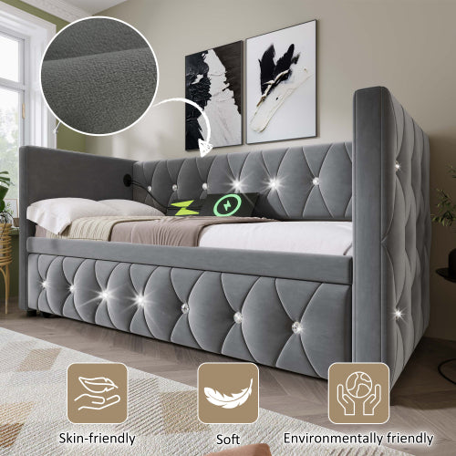 Daybed Single Upholstered Bed Sofa Bed With USB &Type C Charging Station, 3FT Single Bed 90 X 190 Cm With Trundle ,Pull Out Trundle For Living Room And Bedroom, Velvet