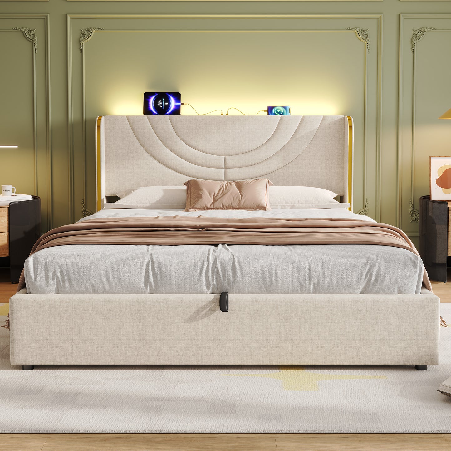 5ft King Upholstered Bed Frame With Hydraulic Storage, LED Headboard With Charging Station And Chrome Trim, USB And Type-C Ports, Linen, No Box Spring Needed, Beige  No Mattress