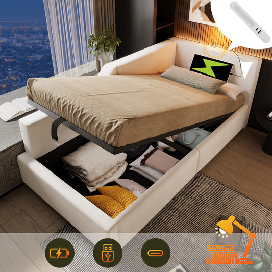 Upholstered Bed Daybed Daybed 90x200cm, Sofa Bed With Hydraulic Storage, Reading Light Function And USB-C Charging Function, Children's Bed Bed Frame With Slatted Base Made Of Wood, Velvet, Beige