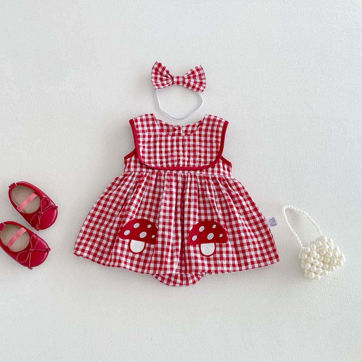 Korean-style Baby Embroidered Mushroom-Check Dress