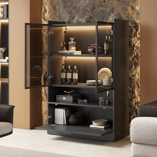 Modern LED Display Cabinet Black Matt Height 120cm With App LED Lighting, Glass Display Cabinet Standing Display Case With Lighting, Living Room Cabinet With Glass Doors And Hinged Door, Chipboard Dis